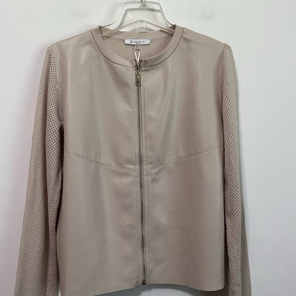 Sioni Zip Front Mixed Media Jacket L Faux Leather Winter White Knit Designer NEW - Picture 3 of 9